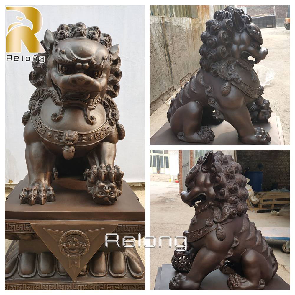 bronze chinese lion statue detail closeup