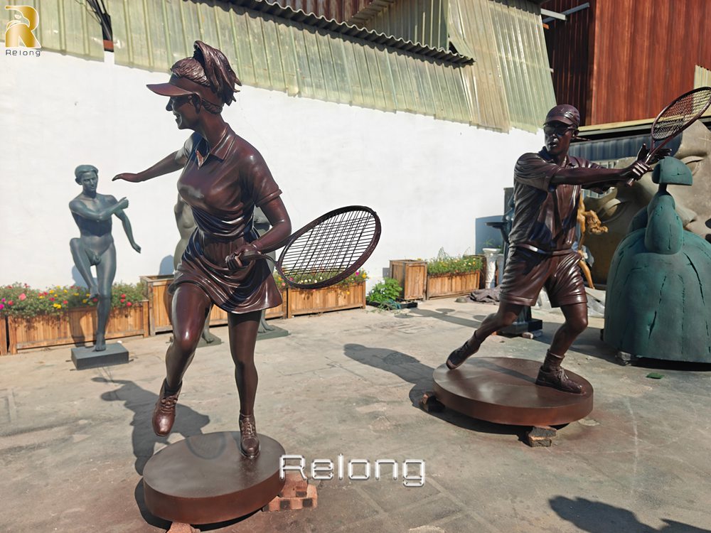 bronze tennis player sculpture male female action pose