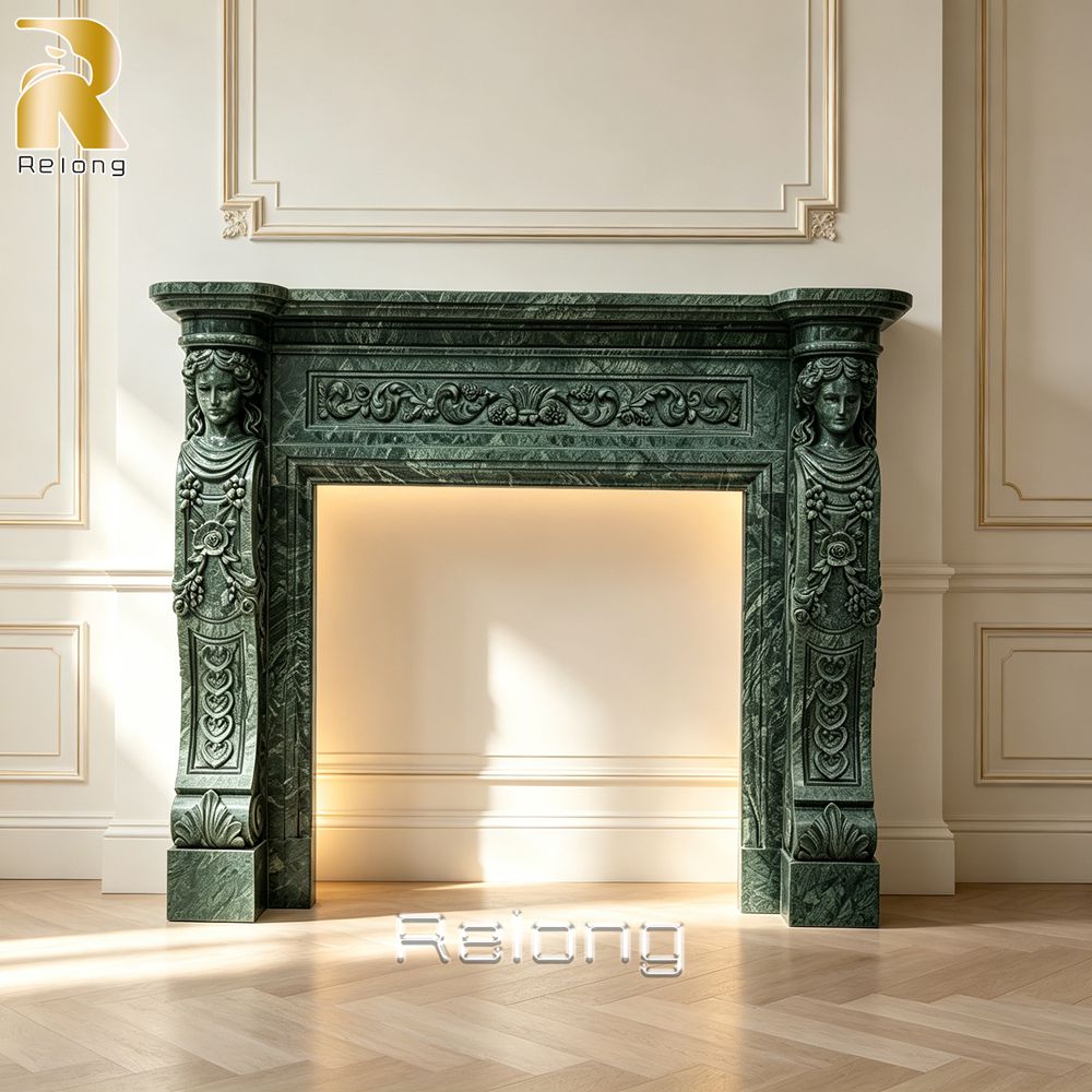 custom green marble fireplace front view