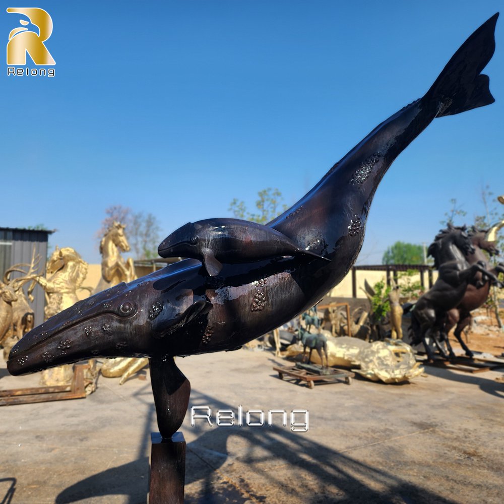 dark bronze whale sculpture mother and calf