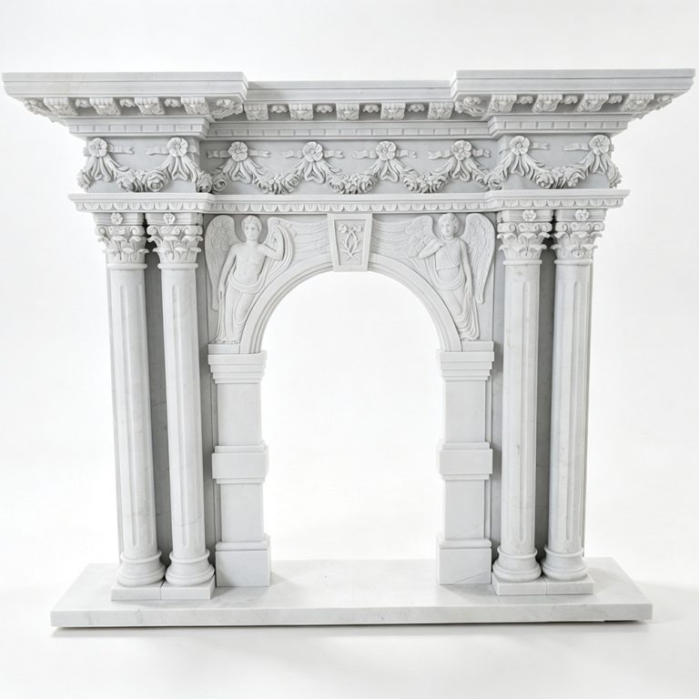 white marble Baroque fireplace mantel