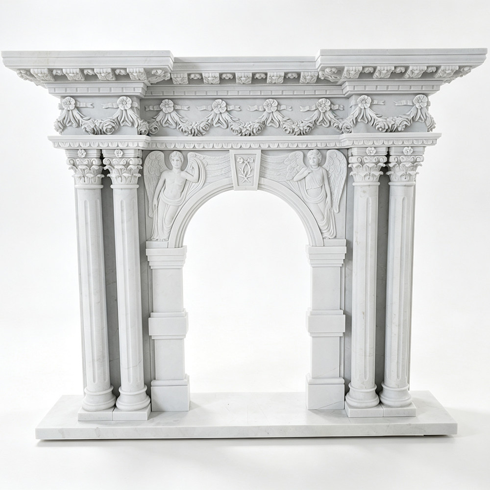 white marble Baroque fireplace mantel