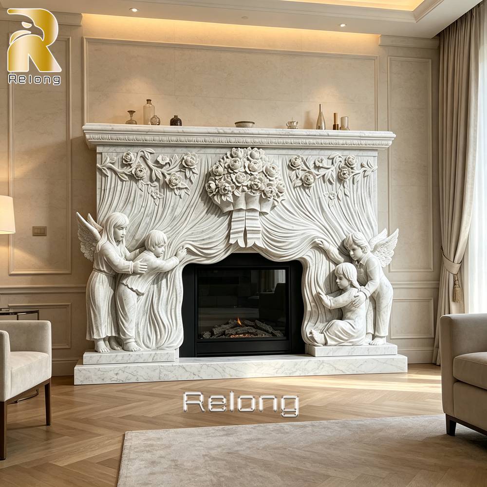 white marble fireplace with children figures