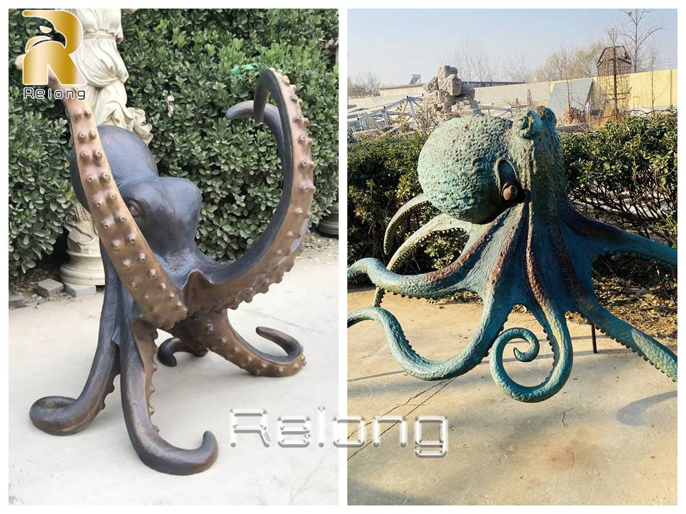 bronze octopus sculpture with different patina finishes