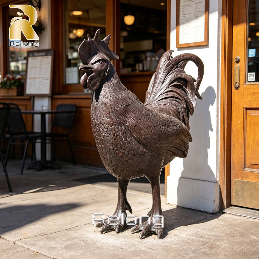 bronze rooster statue entrance display