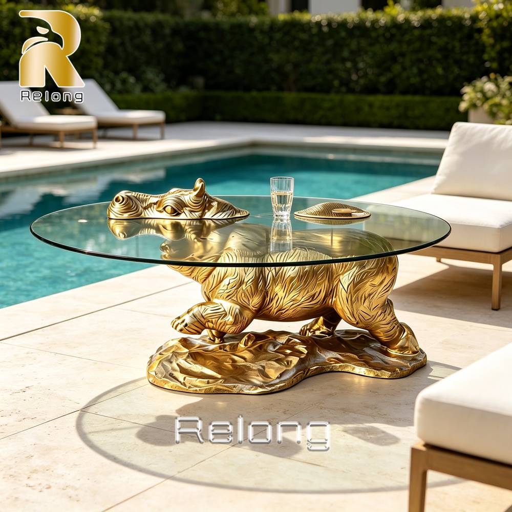 gold hippo coffee table poolside
