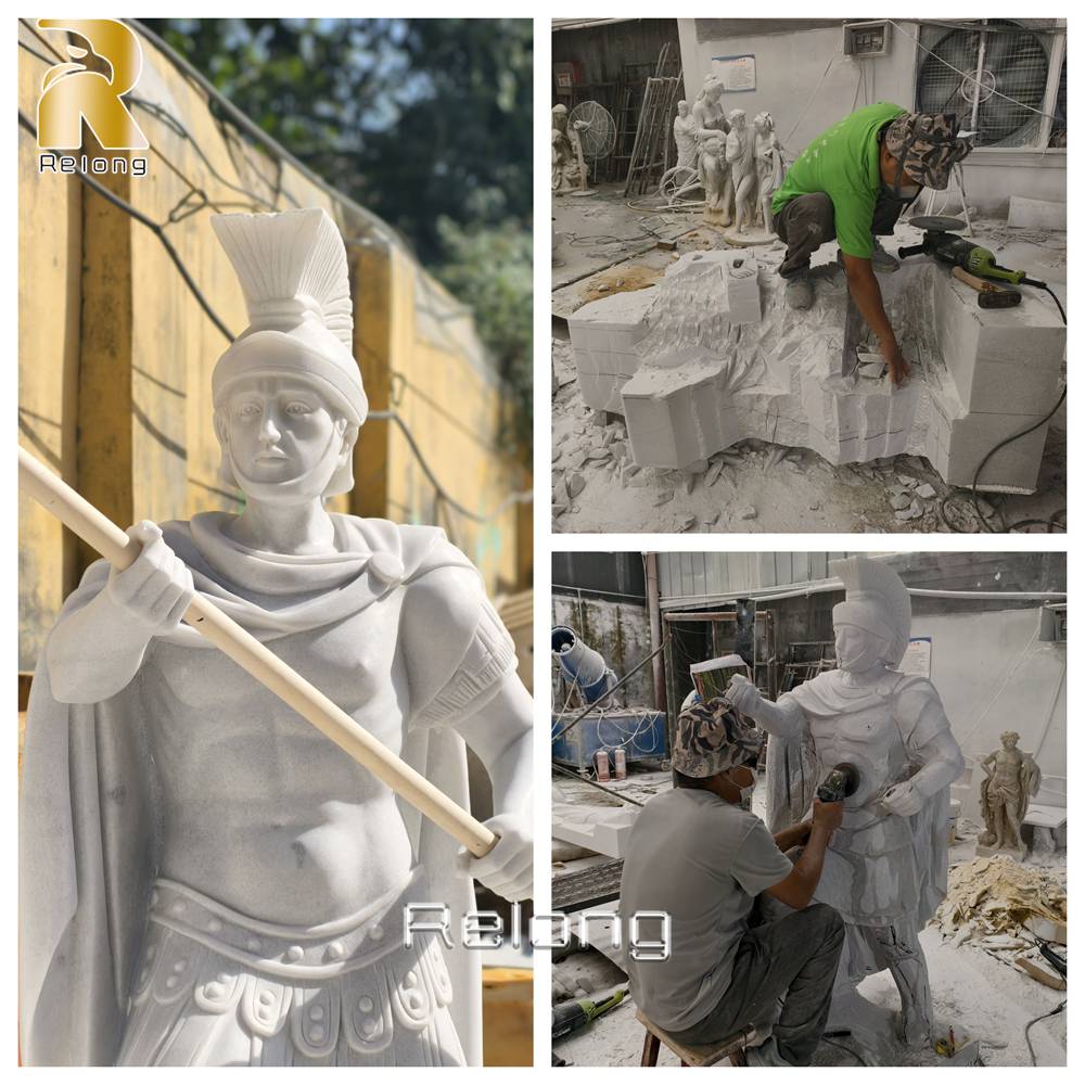 hand carved marble roman warrior statue