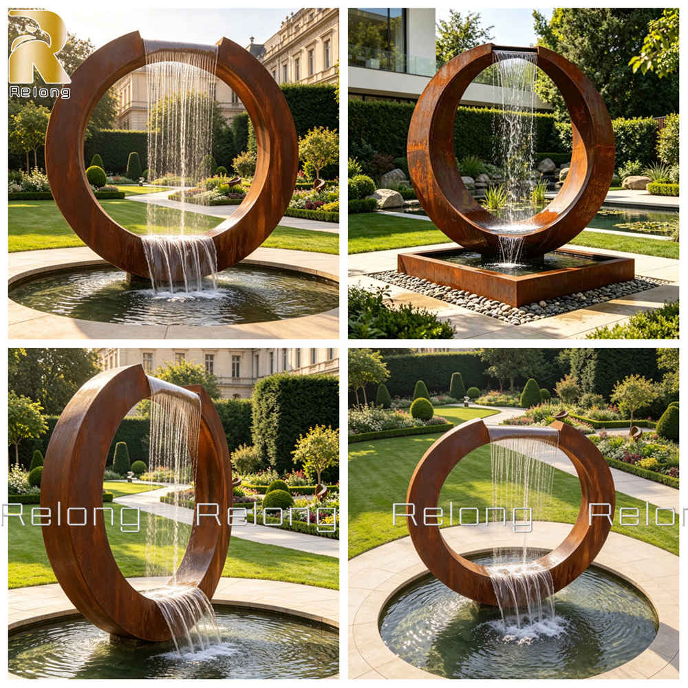 round corten steel water feature details