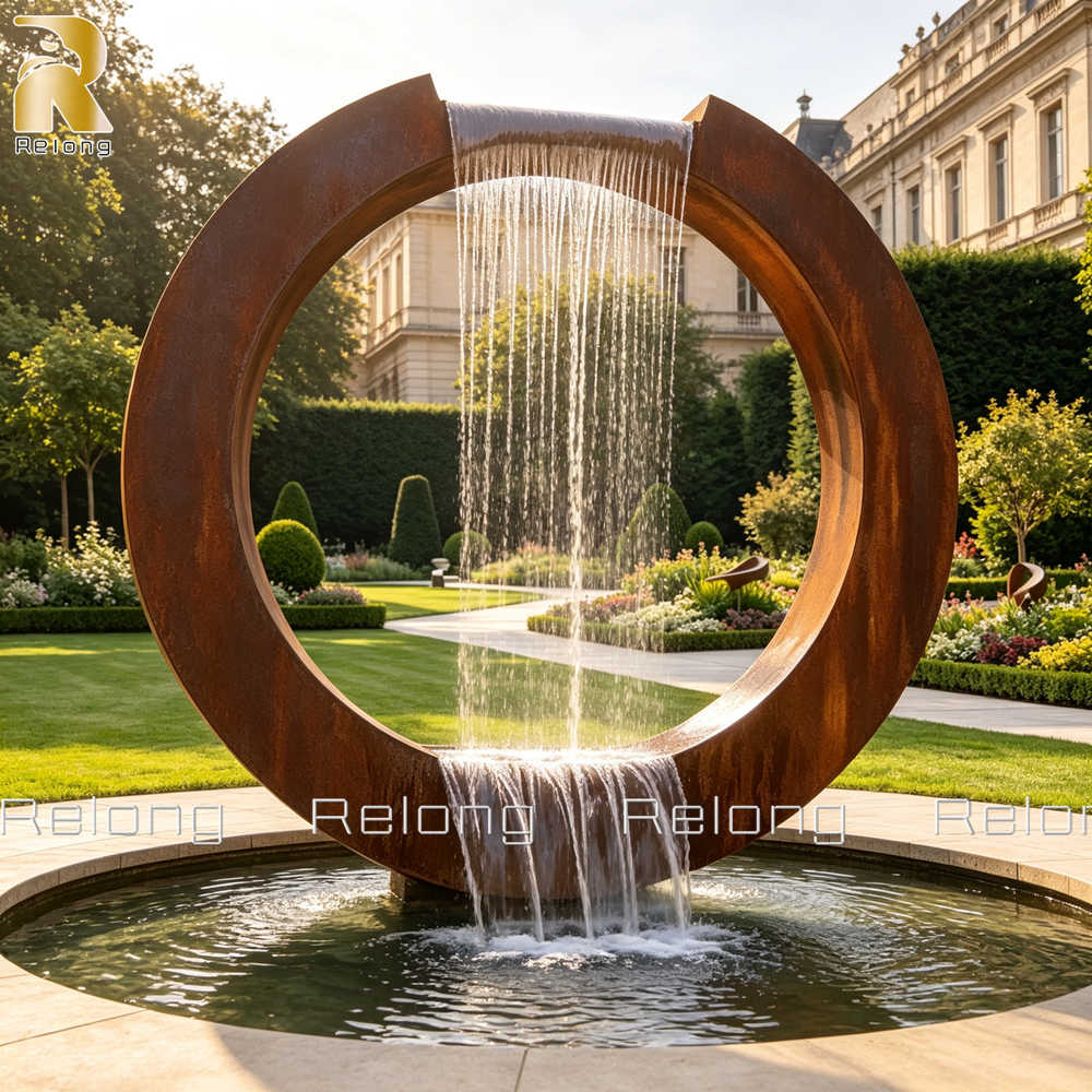 round corten steel water feature for pool decor
