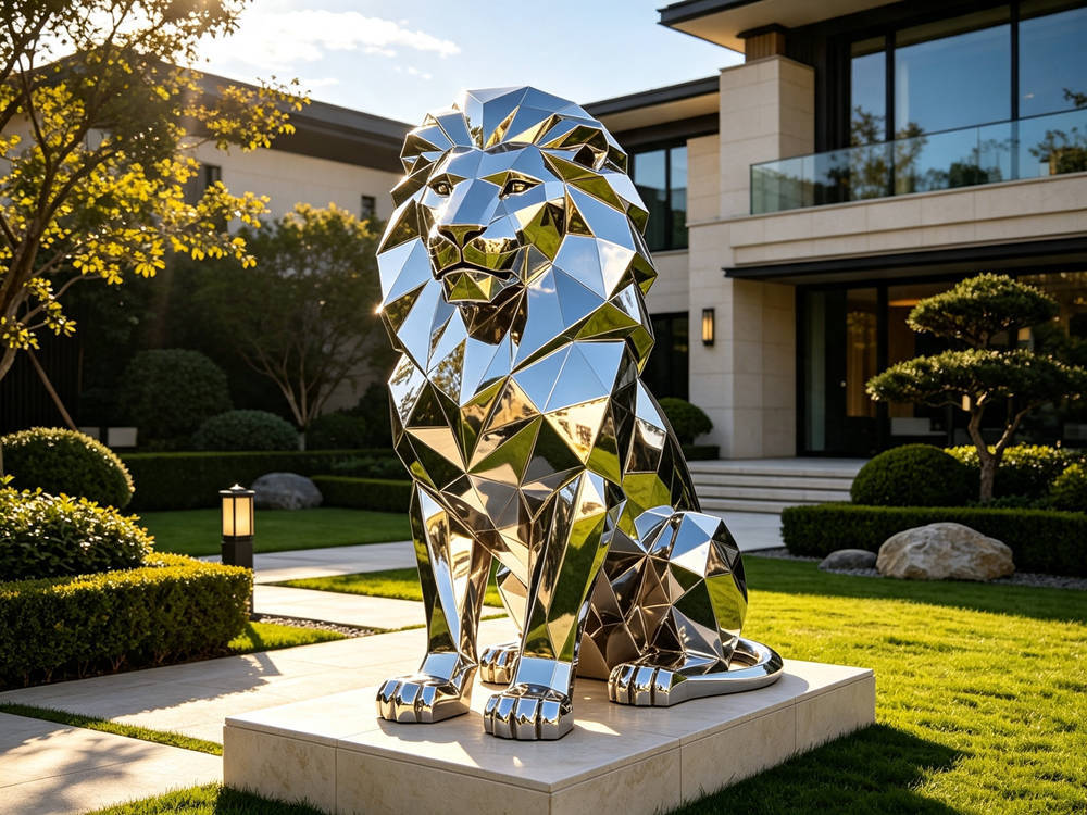 stainless steel geometric sitting lion