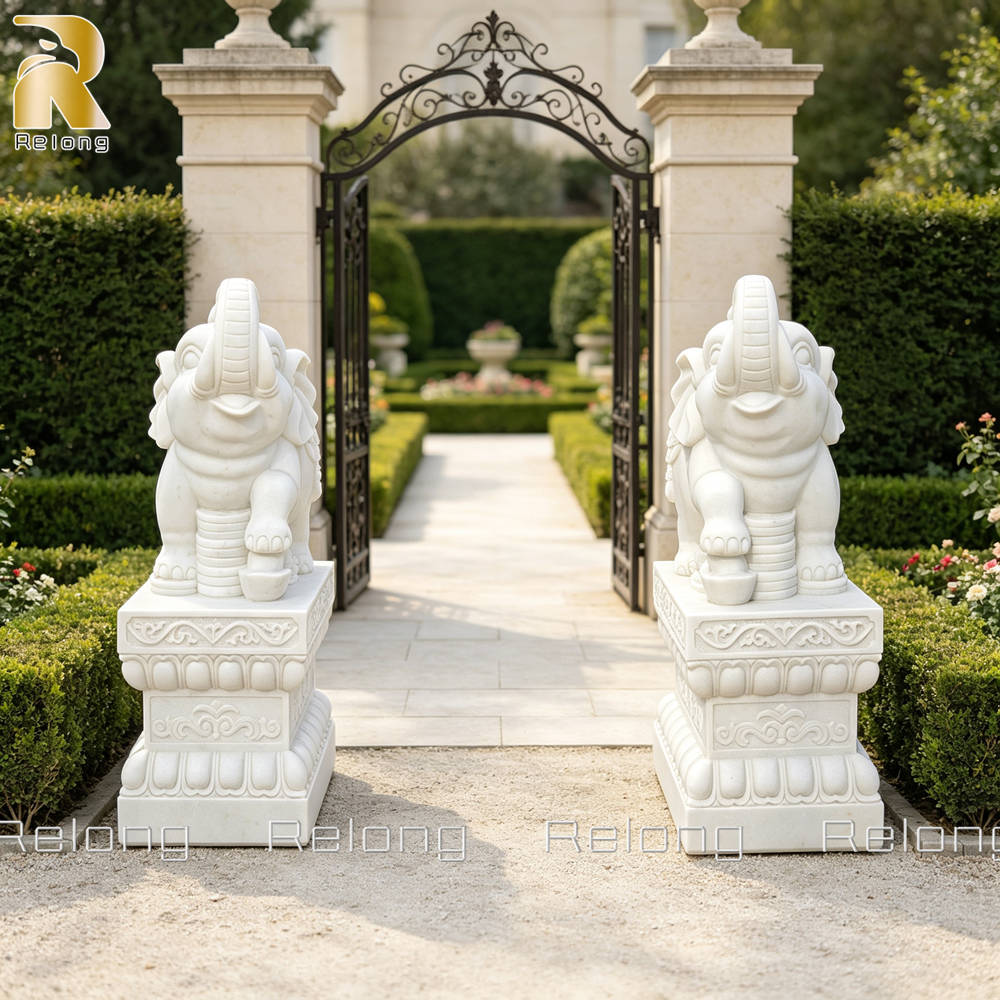 Marble Elephant with Trunk up for Garden Entrance