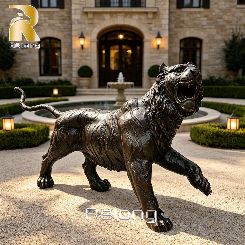 black tiger statue in roaring