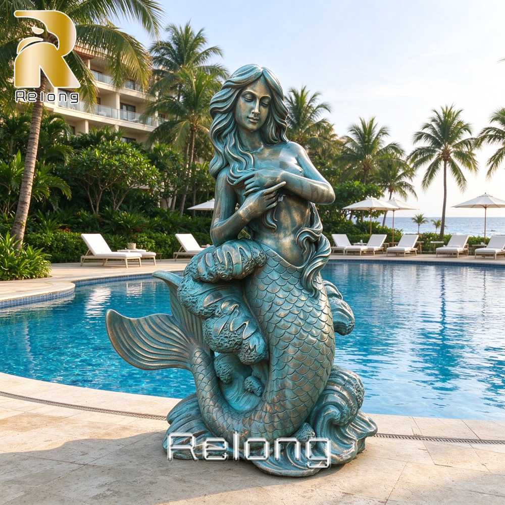 bronze mermaid garden statue blue green patina
