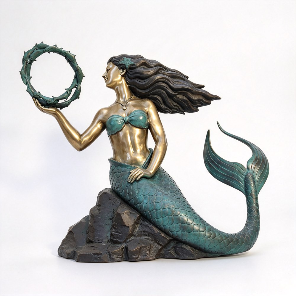 Bronze Poolside Mermaid Statue With Fish Ring RBOA-076