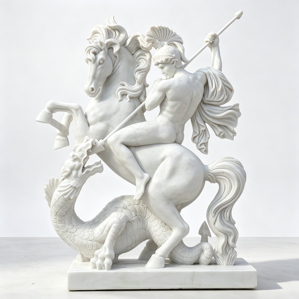 Hand-Carved Marble St. George and the Dragon Statue RMSC-043