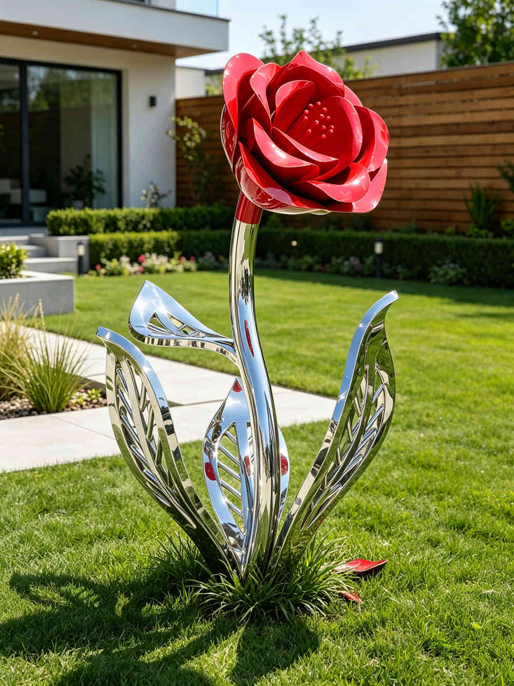 large red stainless steel rose landmark sculpture installed in Miami