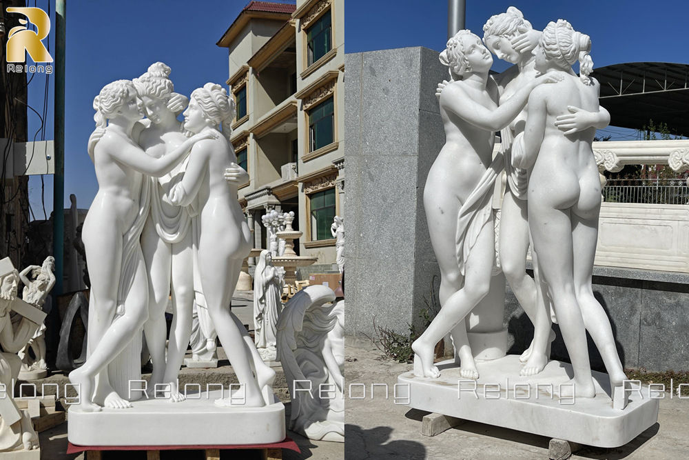 Marble reproduction of the Three Graces sculpture, crafted by the Relong factory