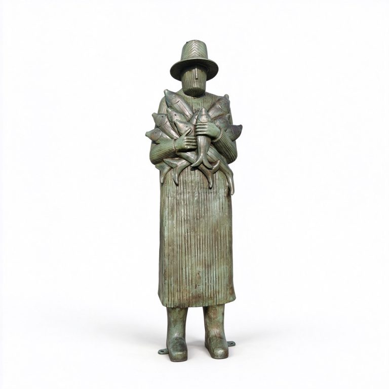 bronze man holding fish water fountain for sale