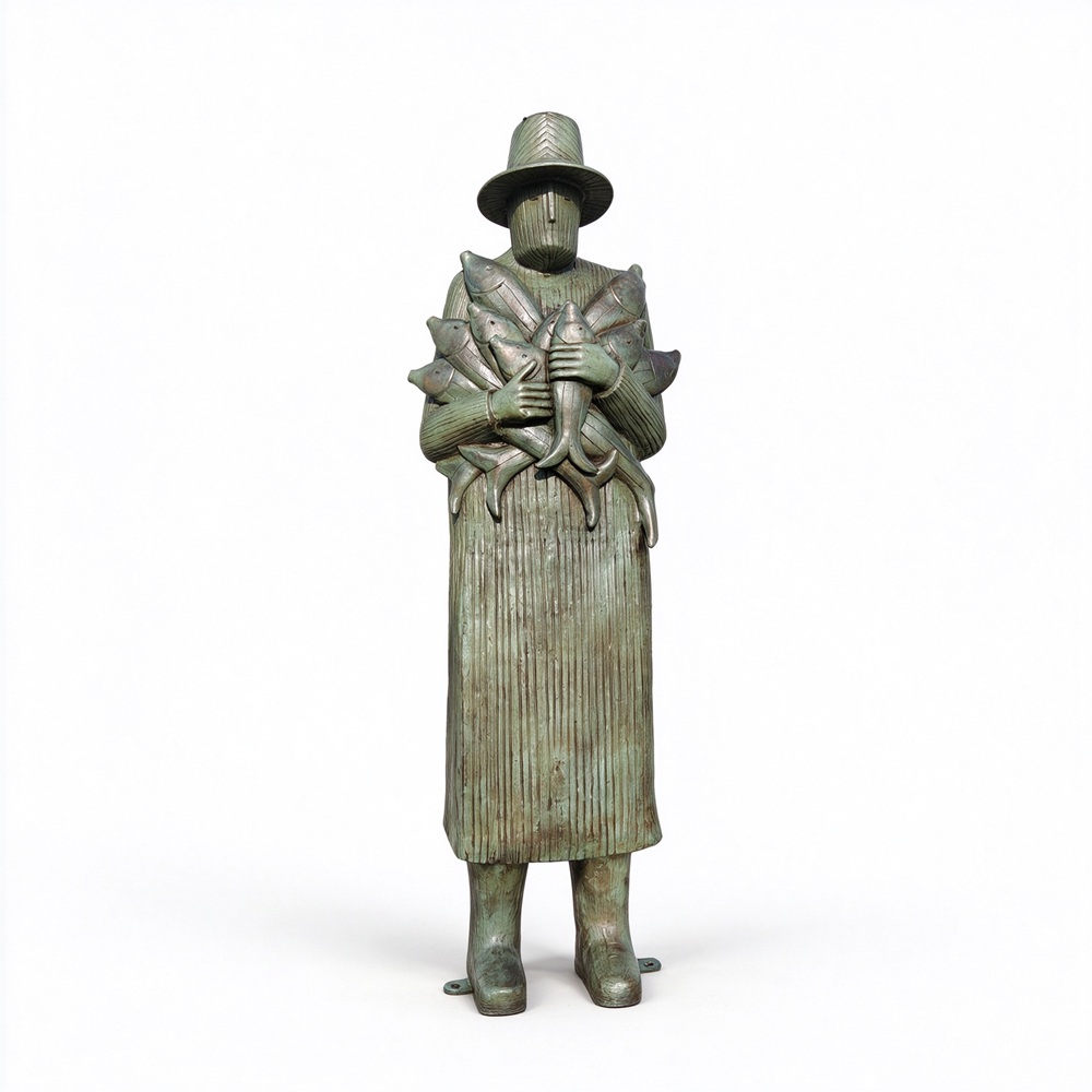 BLife-Size Bronze Man Holding Fish Water Fountain RLBF-015