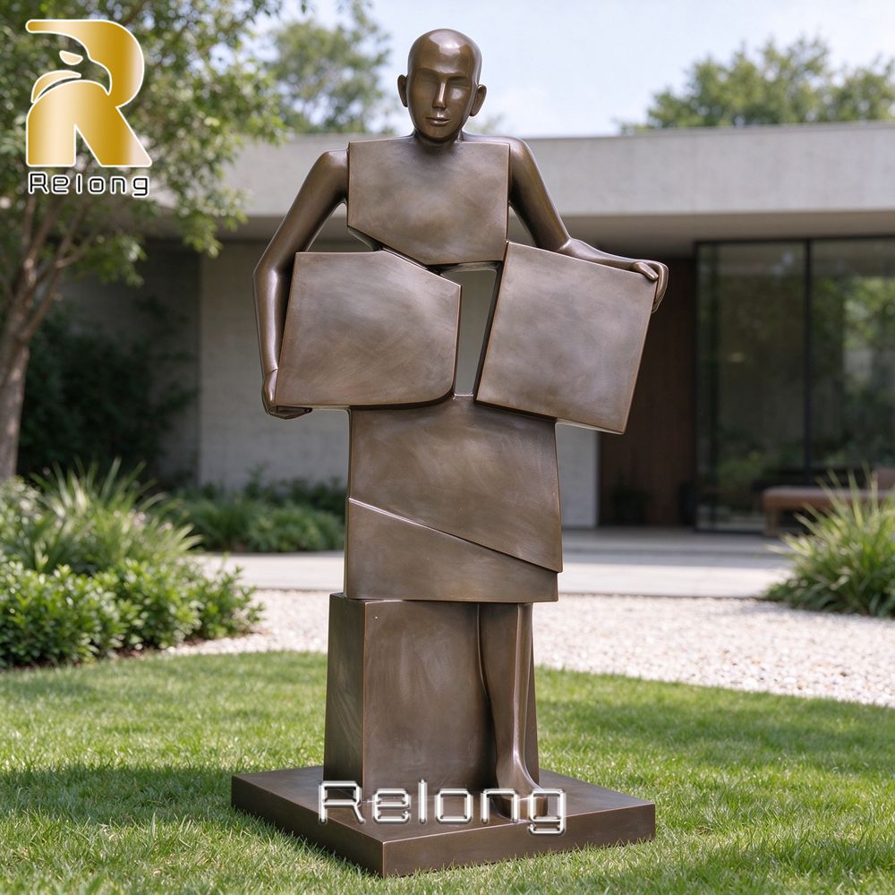outdoor geometric bronze man sculpture