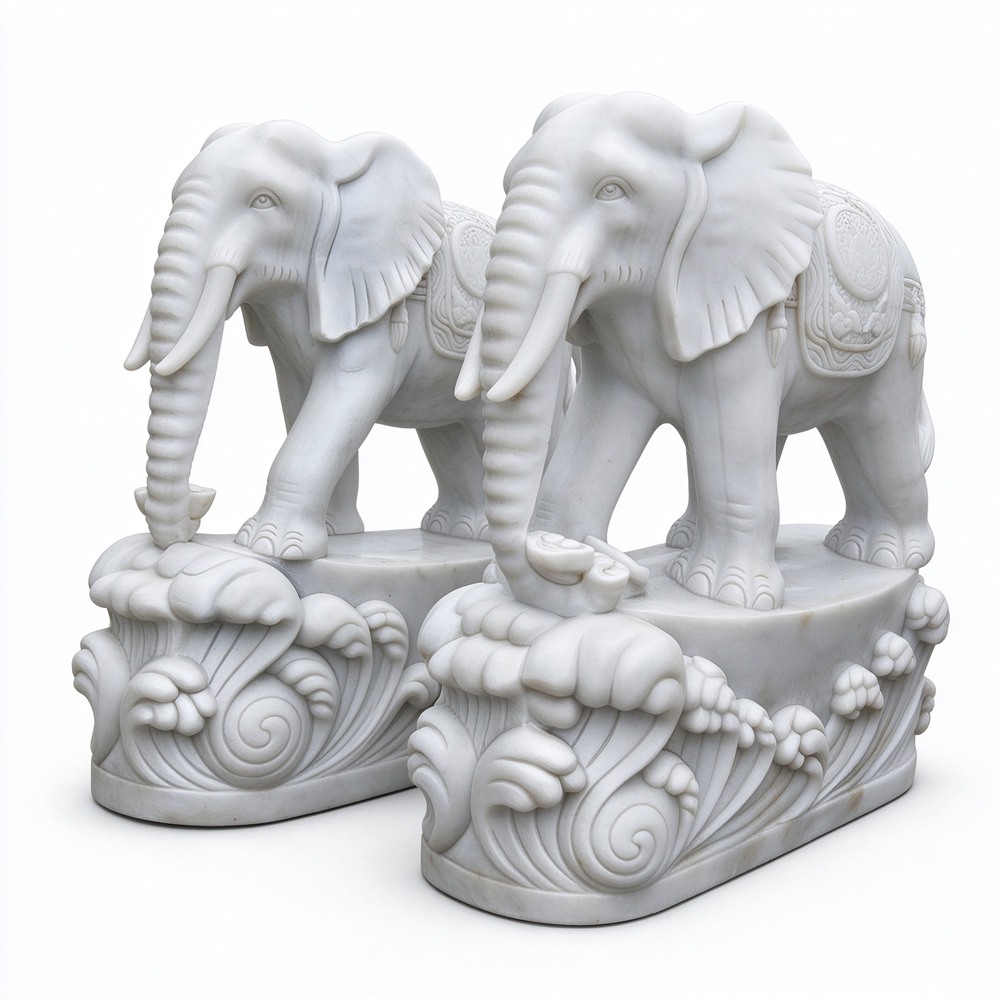Marble Elephant Sculpture with Waves Base