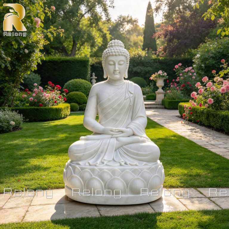 white meditating buddha statue for garden decor